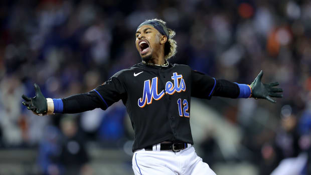 New York Mets shortstop Francisco Lindor celebrates his game-winning hit.
